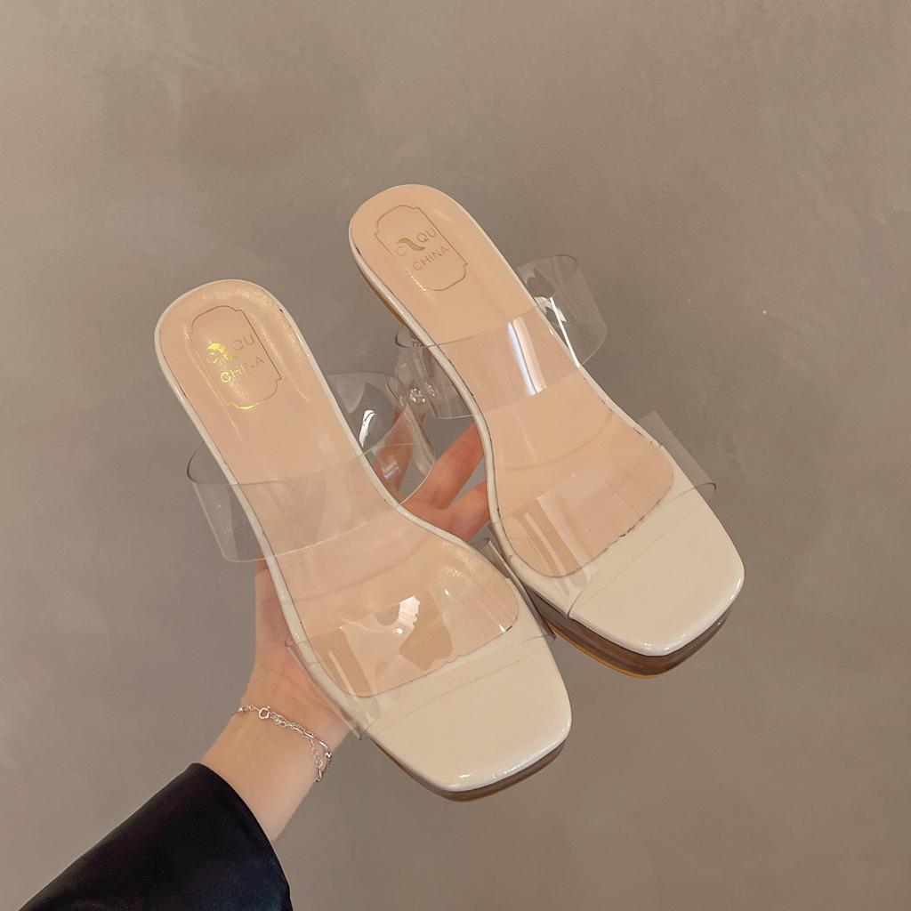 New Transparent Thick-heeled Thick-soled Crystal Casual Simple High-heeled Slippers In Summer 2025