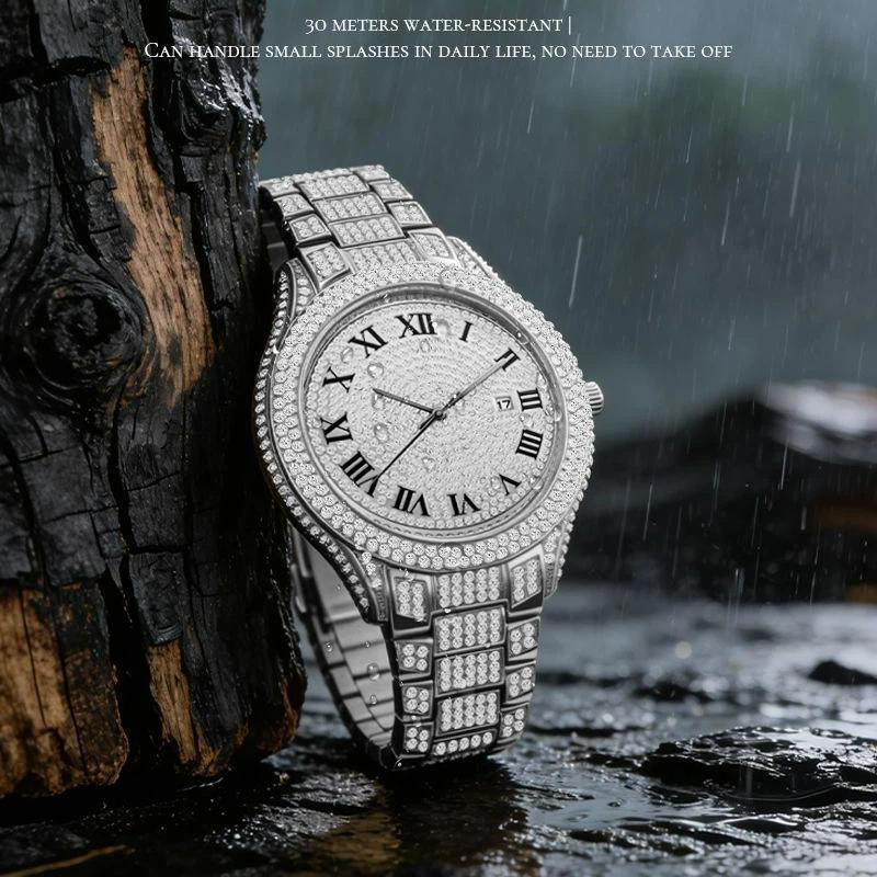 Men Iced Out Full Diamond Quartz Watch Luxury Roman Numeral Dial Zinc Alloy Band Date Display Hip Hop Bling Wristwatch