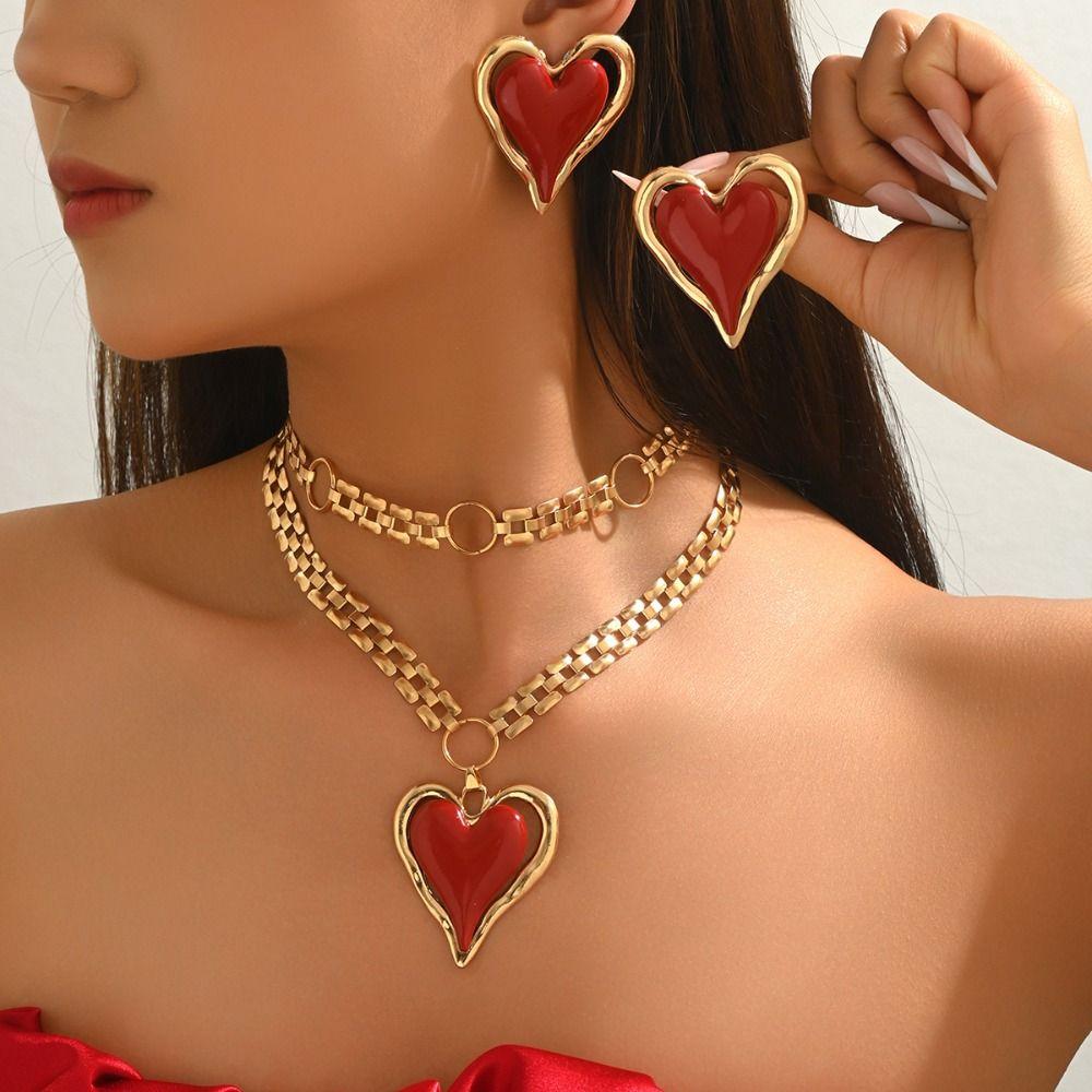 Chunky Chain Statement Necklace Gold Color Heart Pendant Necklace Earrings Jewelry Set Casual Wear