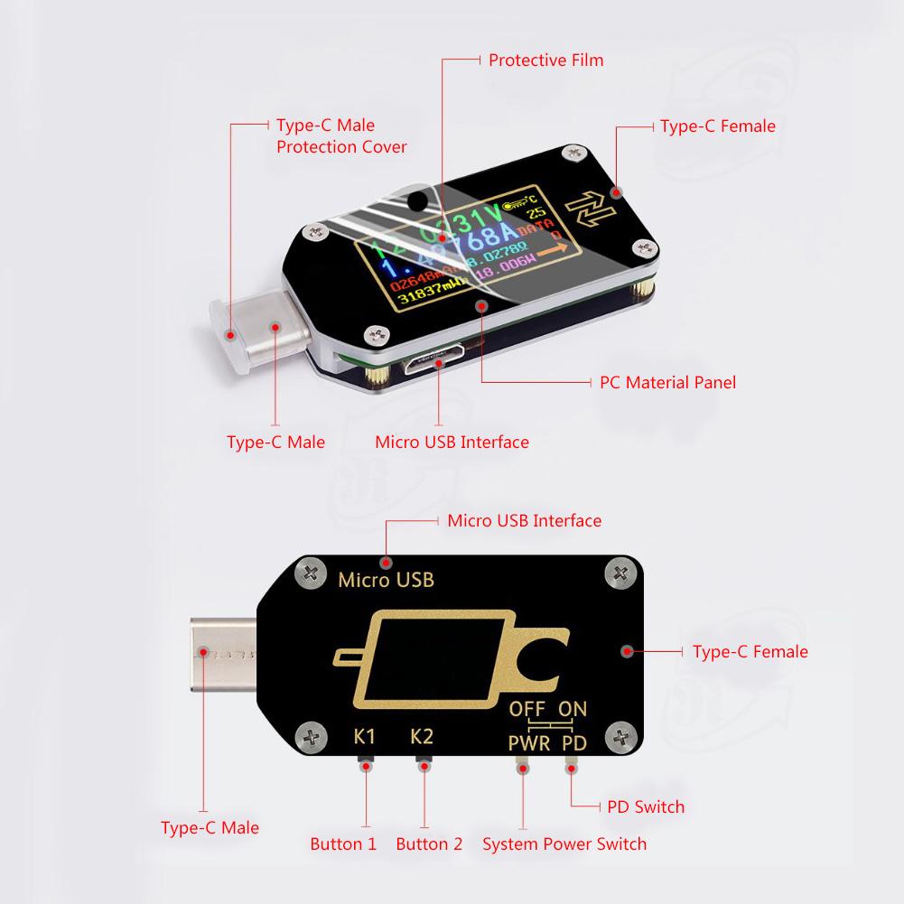 Цифровой ЖК-дисплей Type C USB-тестер Вольтметр Амперметр Измеритель мощности Мультиметр(TC66 )