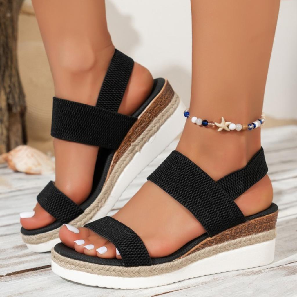 Женские сандалии из эластичной ткани, трикотажные босоножки на танкетке, женские с эластичной резинкой на платформе, большие размеры, летняя толстая подошва, пляжная обувь для женщин