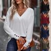 Women Fashion Spring Autumn Button Long Sleeve V Neck Solid Color Pullover T Shirt Top