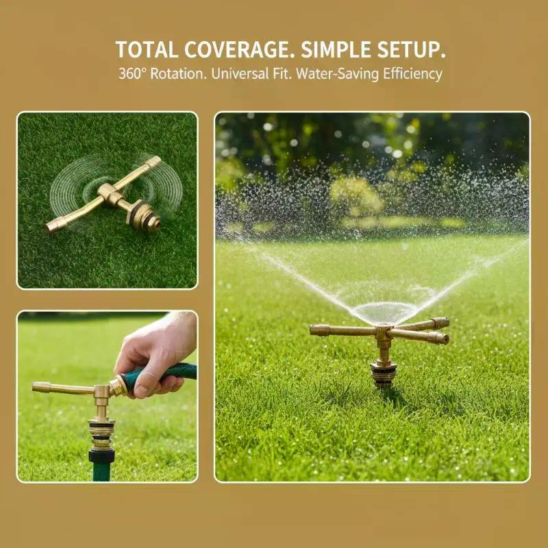 2 Arm Rotating Brass Nozzle Sprinkler 360 Degree Automatic Irrigation High Coverage for Crop Garden Lawn Maintenance