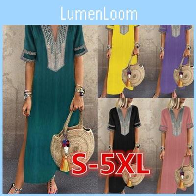 Элегантное женское платье макси с длинным рукавом и V-образным вырезом больших размеров для непринужденного летнего стиля