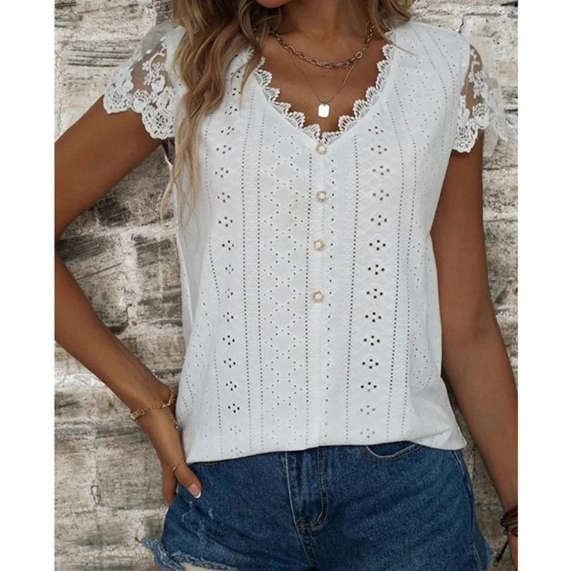 Summer New Elegant Fashion Chic T-shirt Women Basic Straight Solid Short Sleeve V Neck Hollow Lace Top