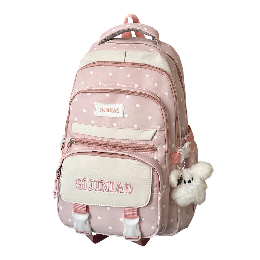 Girls Lightweight School Backpack with Polka Dot Color Block and Charm Pendant for Teen Students
