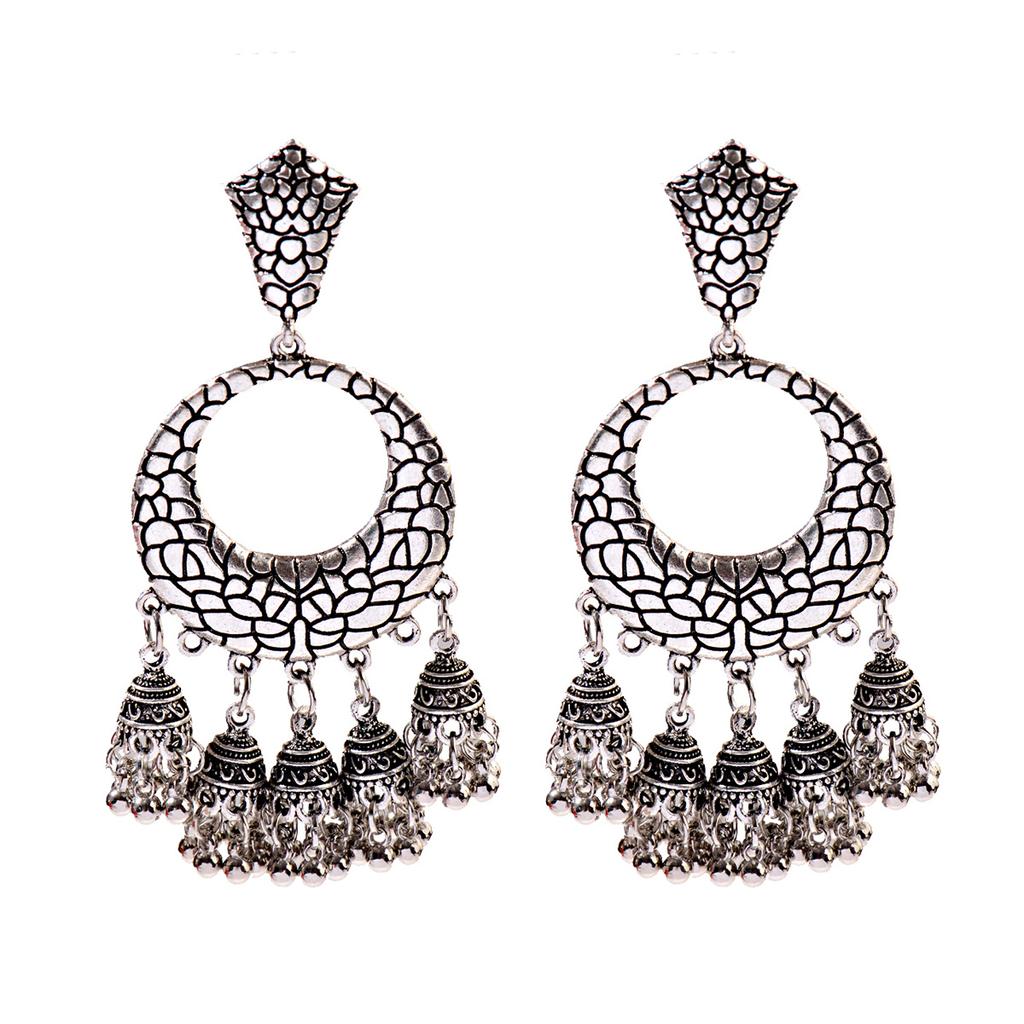 Women‘s Boho Ethnic Gold Copper Plated Jhumka Indian Earring Gypsy Zircon Vintage Big Bells Dangle Hanging Earrings For Women