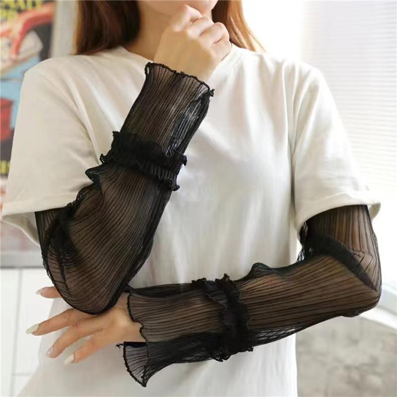 Women's Mesh Sheer Ruched Arm Sleeves Ruffle Hem Fingerless Gloves Costume Accessories Tulle Lace Sleeves