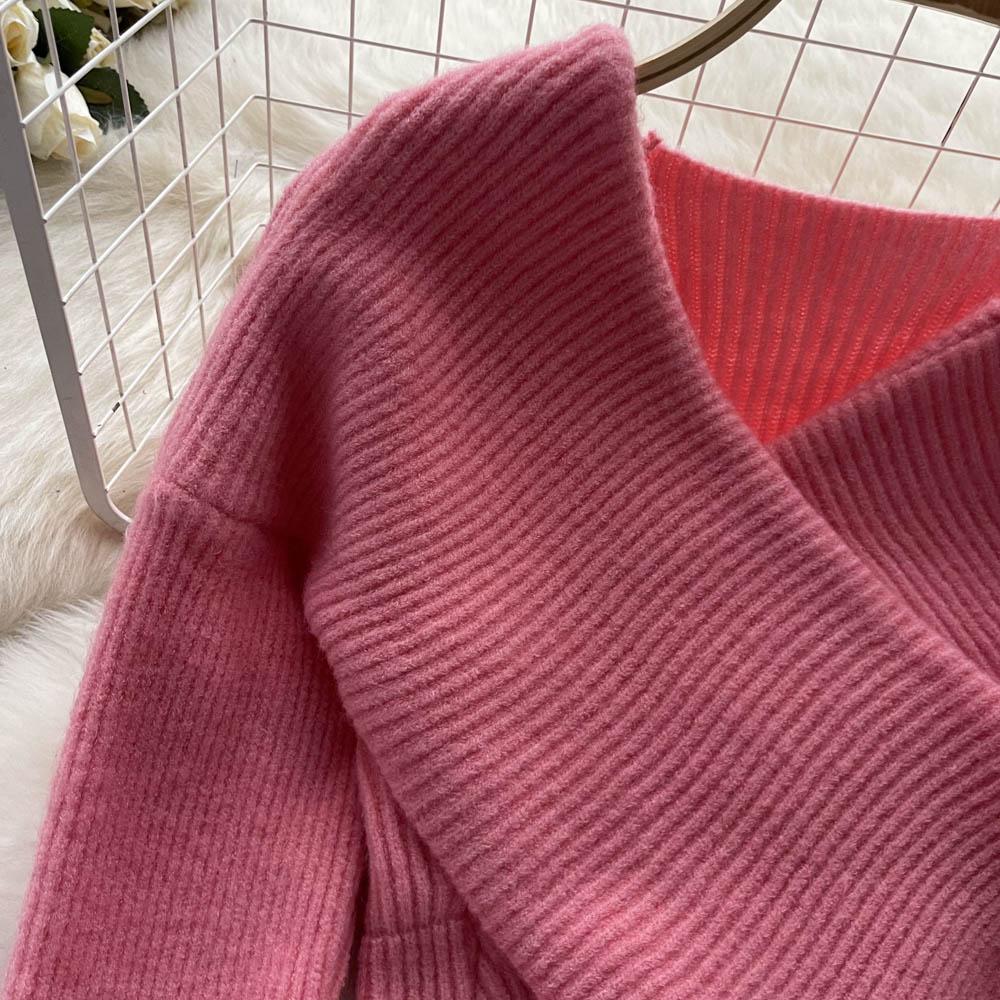 Осенне-зимний корейский свободный тонкий вязаный свитер с v-образным вырезом и нерегулярным ленивым ветром