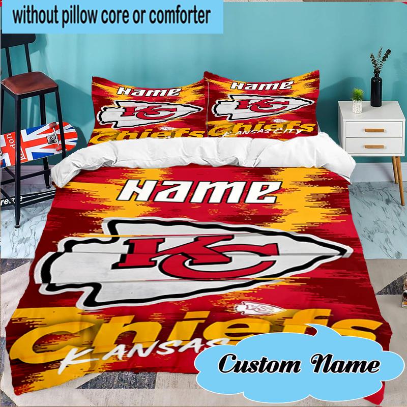 Custom Name Kansas Chiefs Helmet Bedding Set 3pcs, Bedding Set Including 1pc Duvet Cover And 2pcs Pillowcases for Bedroom, Dormitory Gift