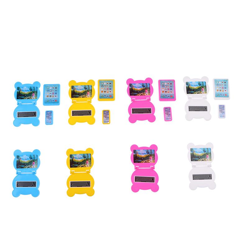 3Pcs/Set 1:12 Dollhouse Miniature Folding Laptop Model Computer Tablet Phone Set Doll House Office Scene Home Decor Toy