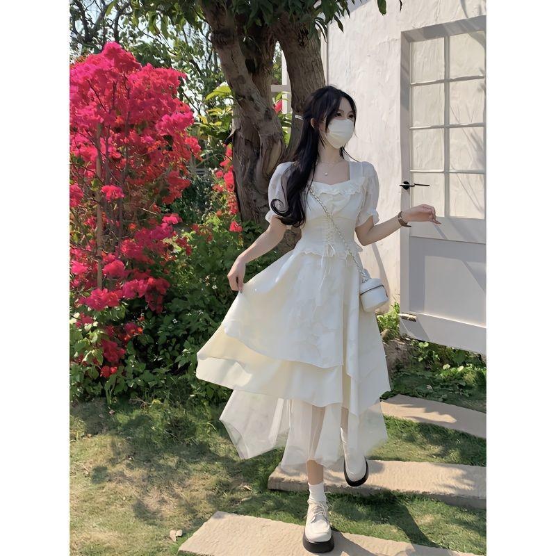 Французское элегантное платье миди, женское милое кружевное платье нестандартного дизайна с короткими рукавами, женское пышное вечернее платье в вечернем стиле, лето 2024