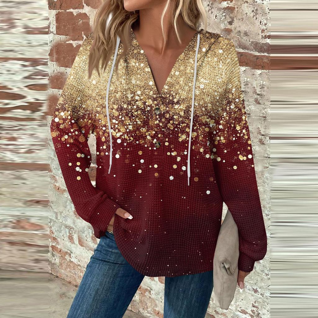 Женская мода с длинным рукавом, завязками на шнурке, капюшоном, пуговицами, V-образным вырезом, повседневная толстовка с капюшоном и рождественским принтом