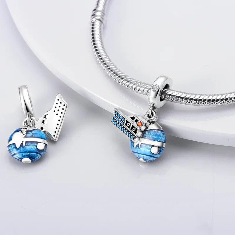 925 Silver Steamboat Anchor Sparkling Blue Cz Yacht Beads Fitfashionbracelet Diy Authentic Silver Color Cruise Ship Charms