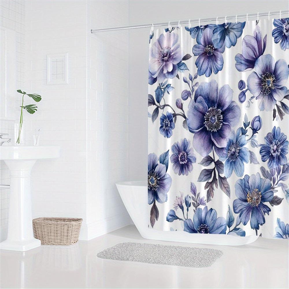 1Pc Elegant Lavender Blue Floral Shower Curtain - Polyester Fabric, Machine Washable, Suitable For Bathroom Decoration