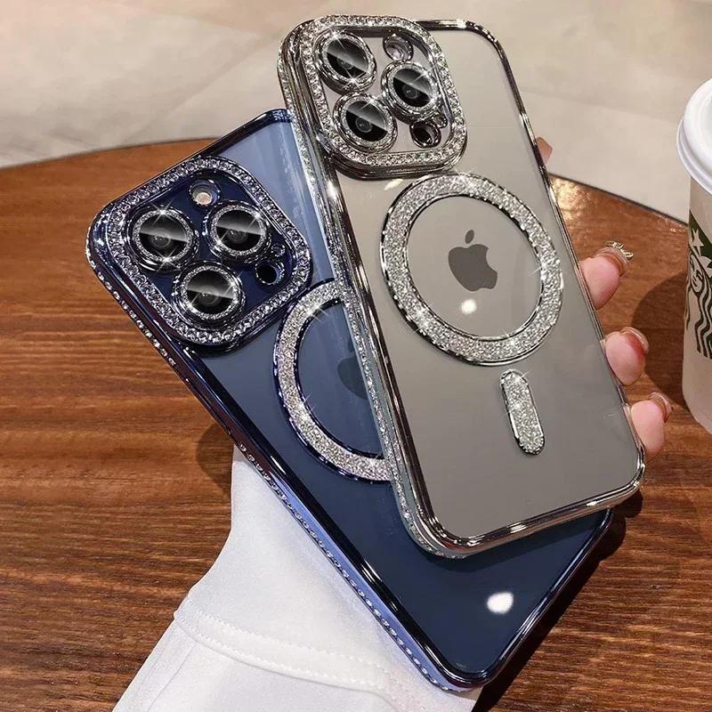 Clear Bling Crystal Phone Case For iPhone 16 15 14 11 12 13 Pro Max Plus For Magsafe Magnetic Wireless Charging Lens Film Cover