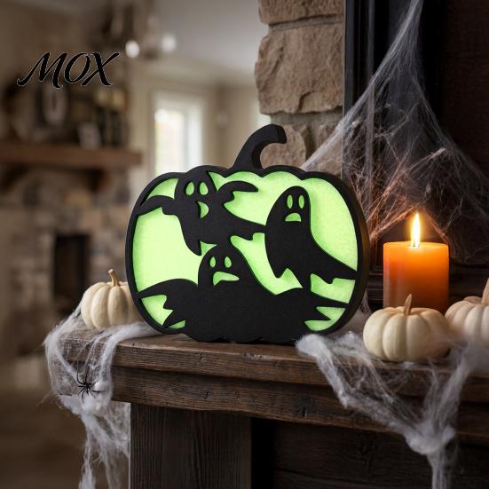 Indoor Halloween Atmosphere Lighting Glow-in-The-Dark Pumpkin, Spooky Wooden Pumpkin Ornament, Black Cats Luminous Ornament Bats Ghosts Silhouette