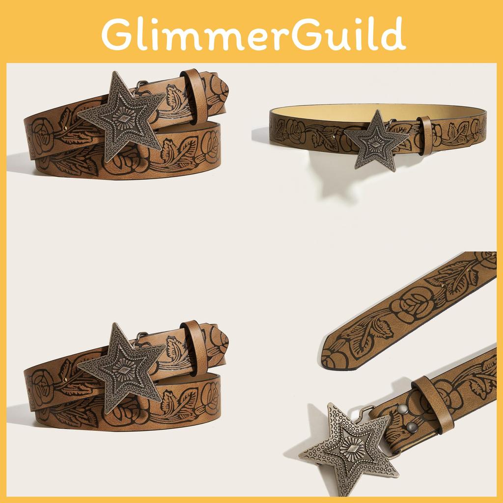 Womens Star Pattern Faux Leather Belt With Alloy Snap Buckle For Casual Wear