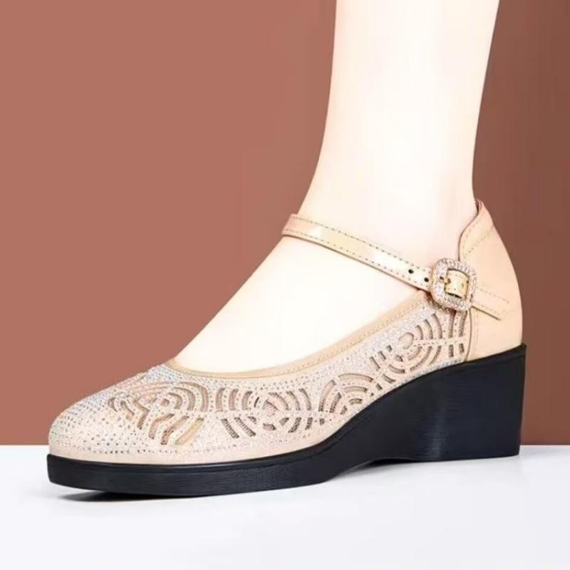 Summer Popular Comfortable Wedge Heel Women's Shoes Soft Leather Hollow Mesh Middle-aged and Elderly Mother Shoes Soft Sole Comfortable Bag Head