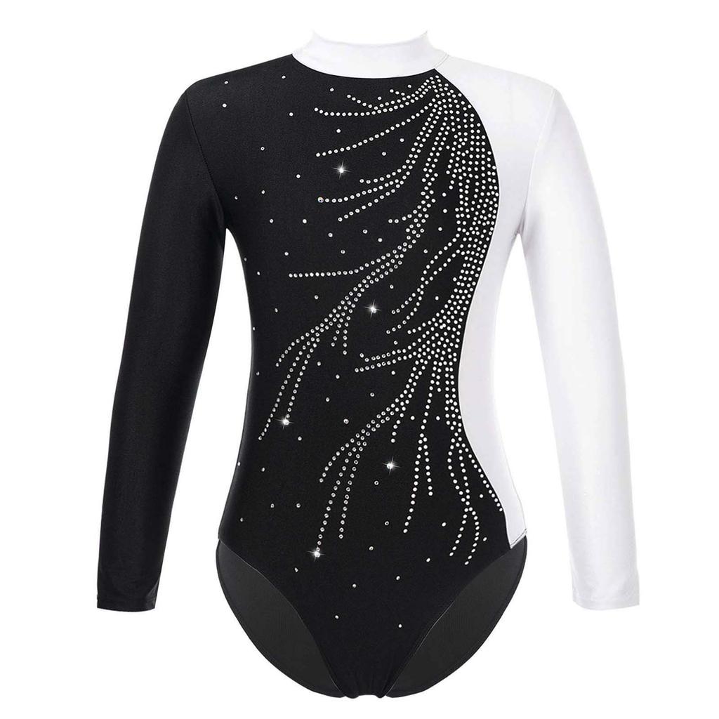 Girls Mock Neck Long Sleeve Ballet Leotard Shiny Faux Diamonds Adorned Keyhole Back Ice Skating Jumpsuit