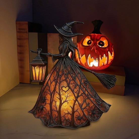 Halloween Witch Lamp Handcrafted Gothic Small Stained Glass Witch Figurine with Warm Light Desktop Standing Night Light for Home Shelf Mantel Decor