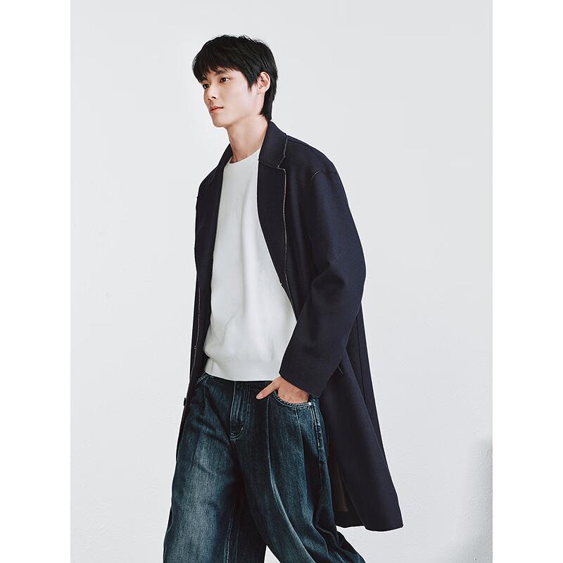 Мужское темно-синее однобортное шерстяное пальто-честерфилд