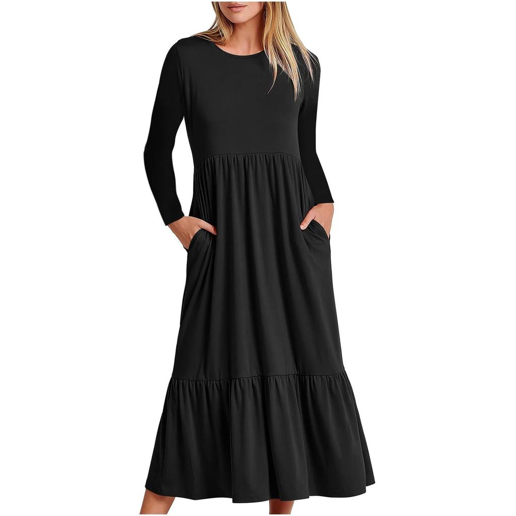 Women's Casual Dress Swing Sundress Flowy Tiered Loose Long Sleeve Maxi Dress With Pockets