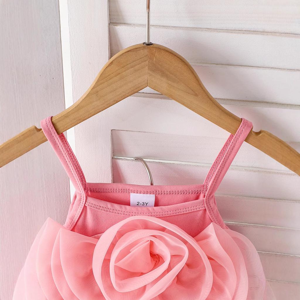 Модный комплект для девочек Летний детский милый розовый топ-халтер с цветком + сетчатая пышная юбка