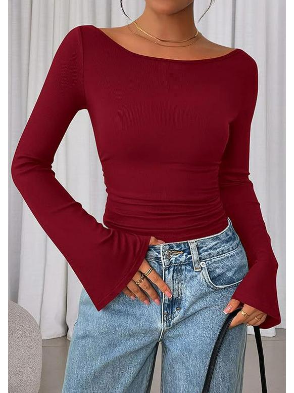 2025 Autumn Slim Fit Women's Boat Neck Bell Sleeve Ruched Top - Solid Color, Long Sleeve