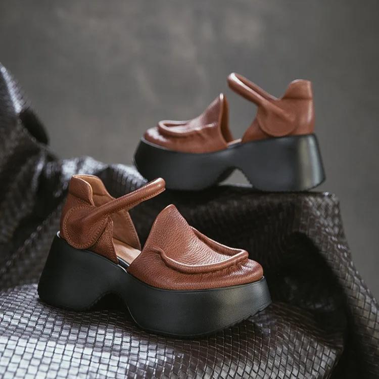 Johnature Сандалии из натуральной кожи на толстой подошве Ретро Круглый носок Толстый каблук Женская платформа