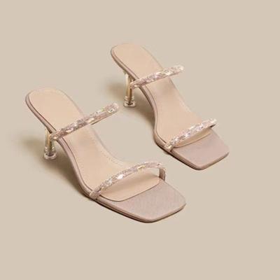 Мода Летняя Мода Шлепанцы на Шпильке Квадратный Открытый Носок Блеск Тонкий Ремешок Комплект Стопы Противоскользящие Износостойкие Каблуки