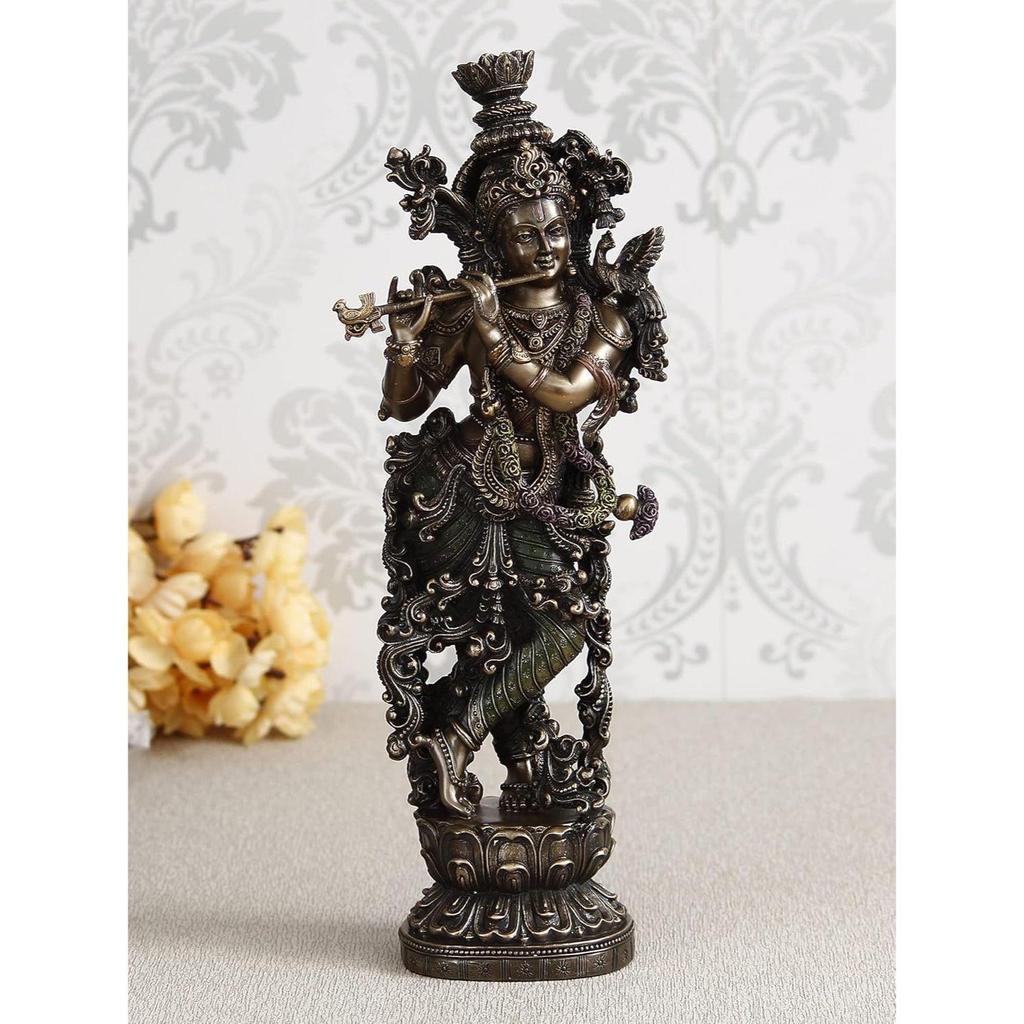 Handcrafted Polyresin Bronze Finish Lord Krishna Idol Playing Flute & Standing On Lotus Flower Statue For Pooja Room, Home, Living Room, Office Decor