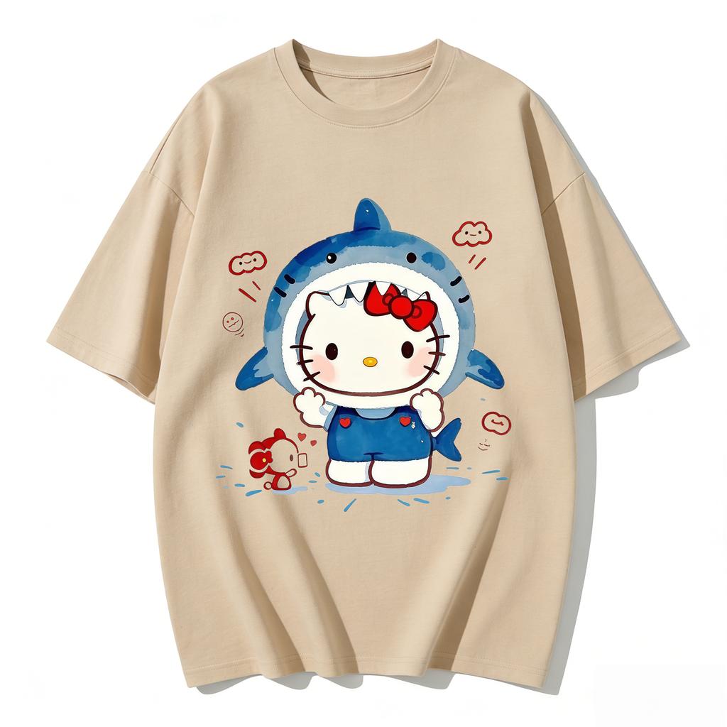 2026 New Arrival Kawaii Hello Kitty Shark Print Couple T Shirts Casual Family Matching Outfits Parentchild Tees Tops Summer Y2k