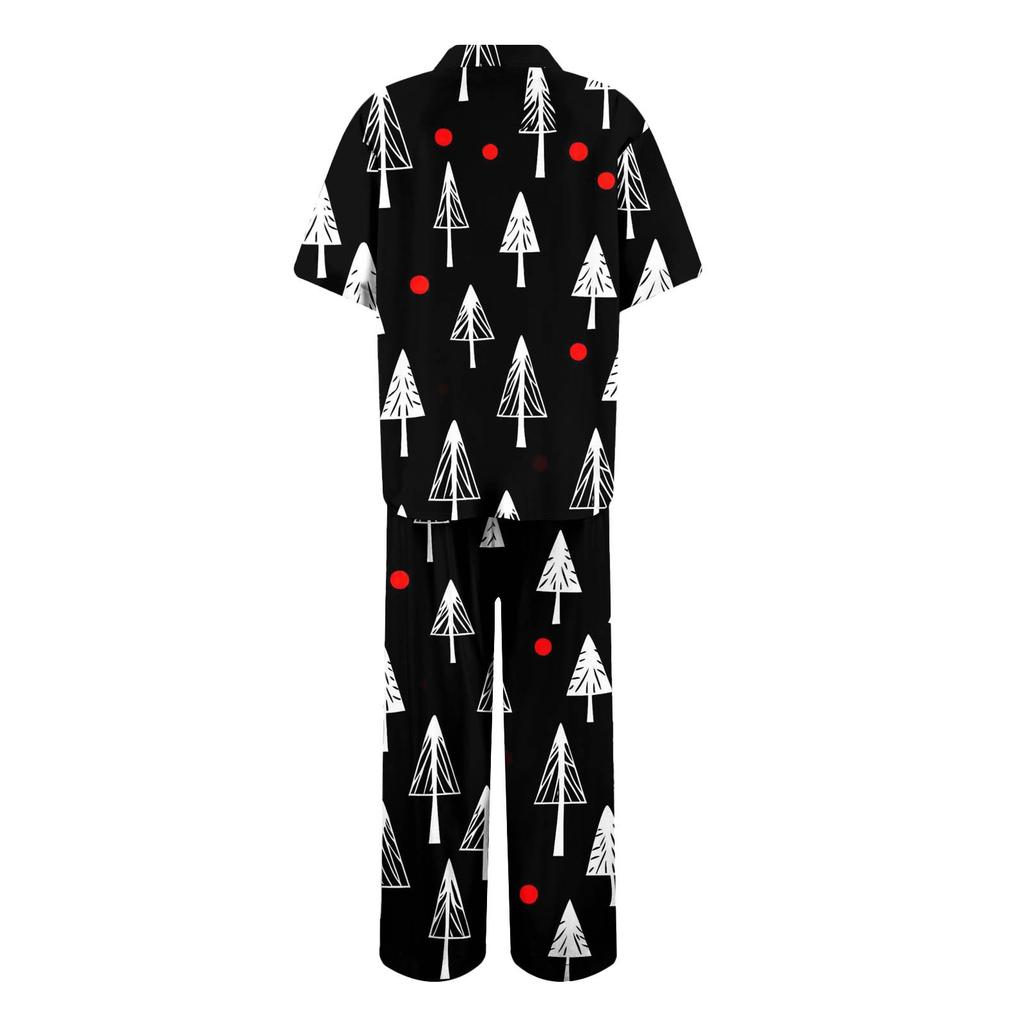 Women's Christmas Print Pajama Set Women's Short Sleeve Long Pants Two-piece Set Button-up Home Clothes