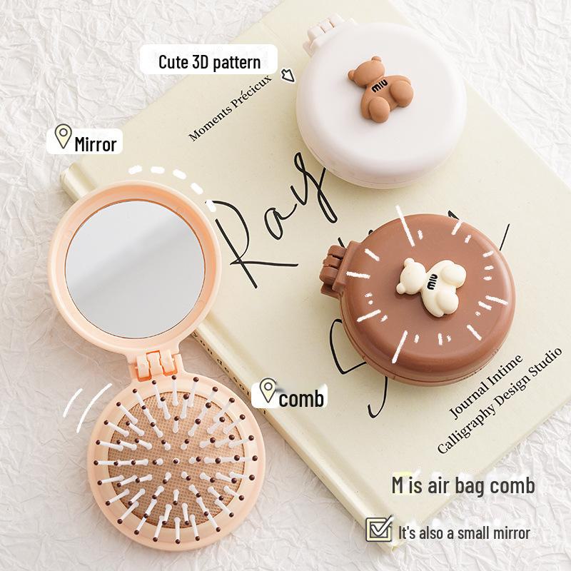 Складное зеркало в виде милого медведя и расческа на воздушной подушке - портативная мини-массажная щетка с зеркалом