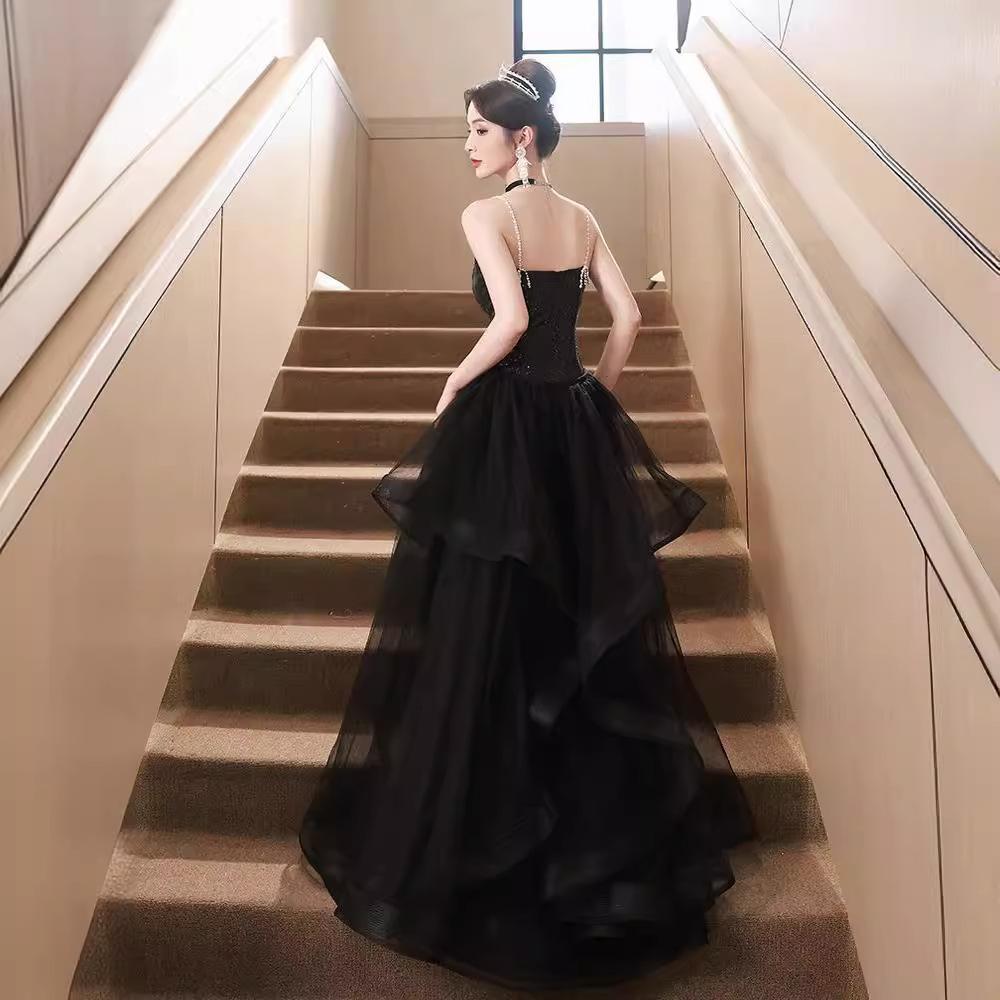 Black banquet evening dress 1011 summer new sequined art test performance dress suspender party dress