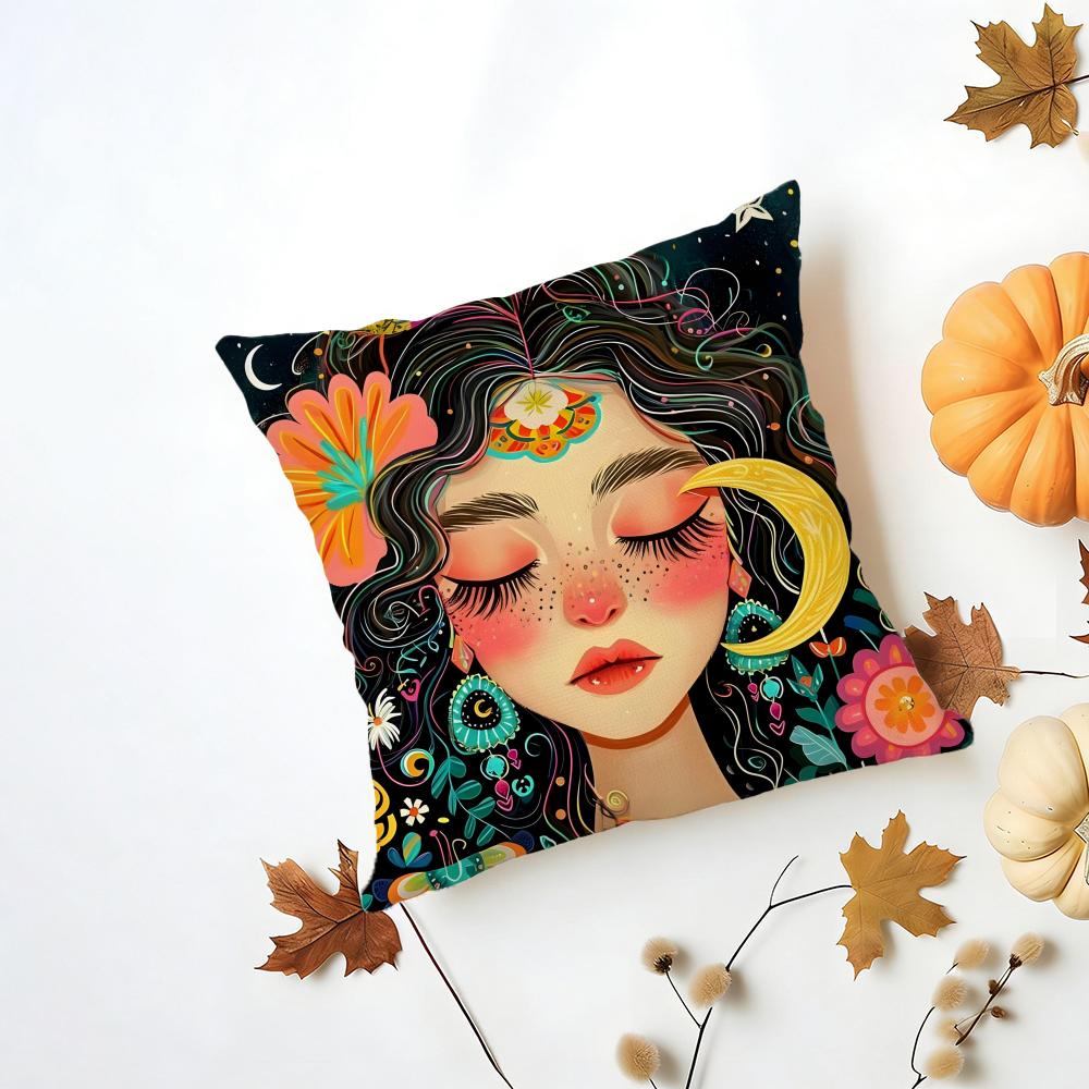 Casual Romantic Dreamy Flowers Girl Hairs Cushion Cover Washable Linen Pillowcase Soft for Daily Sofa Bed Home Room Decor