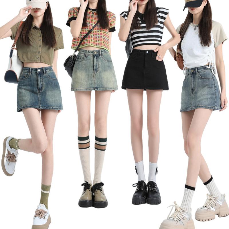 Джинсовая короткая юбка в стиле ретро, ​​женская летняя короткая юбка для похудения с высокой талией, антибликовая юбка трапециевидной формы с запахом на бедрах