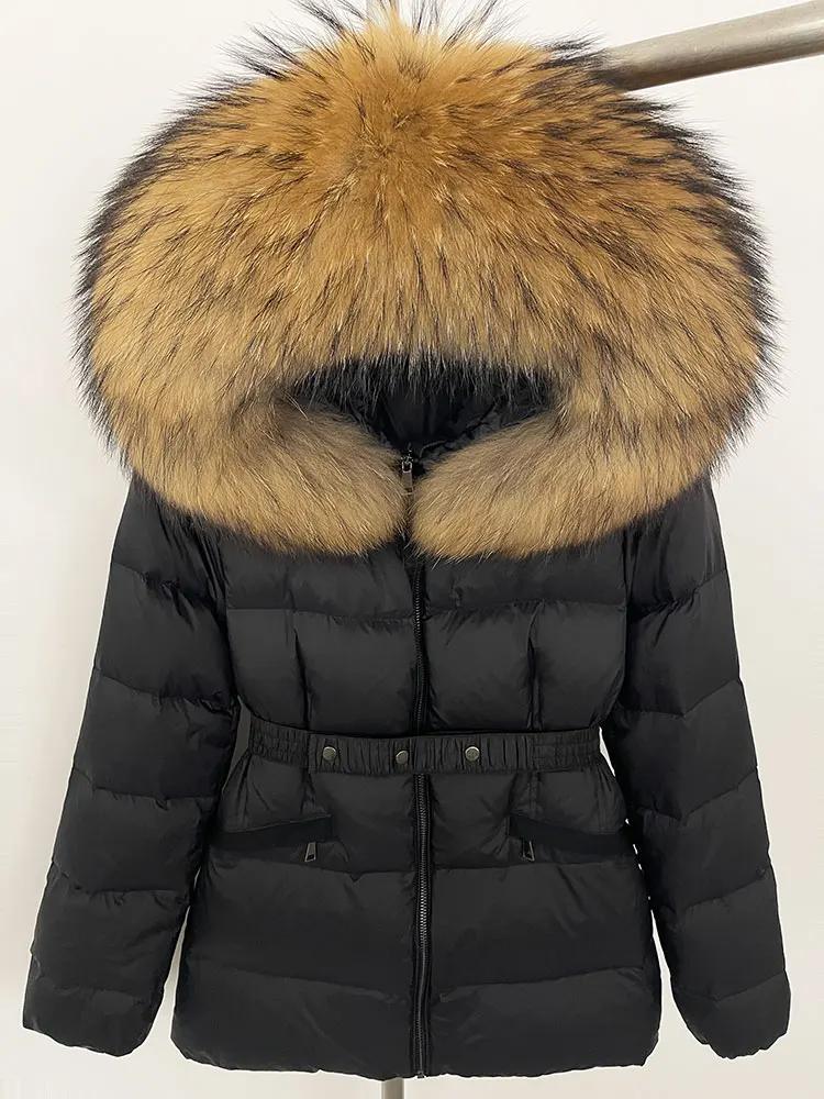 OFTBUY 2024 Winter Jacket Women Natural Real Raccoon Fox Fur Collar Hooded White Duck Down Coat Belt Thick Warm Casual Outerwear