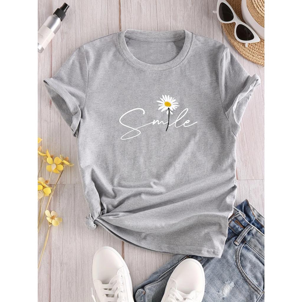 Футболка с круглым вырезом и цветочным принтом, повседневная футболка с коротким рукавом для весны и лета, женская одежда