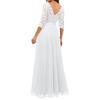 Women V-neck 3/4 Sleeve Gown Dress Crochet Lace Mesh Stitching High Waist A-Line Maxi Dress Backless Solid Color Long Dress