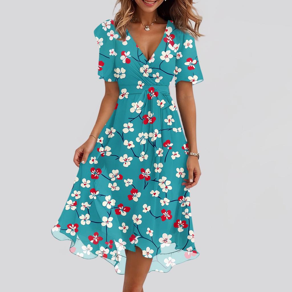 Women's Fashion Casual V Neck Short Sleeve Ruffled Vintage Printed Dresses