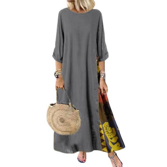 Женское летнее осеннее платье в стиле ретро с принтом в стиле пэчворк, круглый вырез, одинаковый цвет, рукава три четверти, трапециевидное женское платье макси с большим подолом