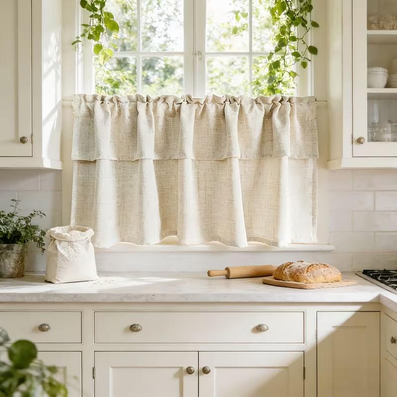 1PC Beige Bohemian Half Window Curtain, Rod Pocket Semi Blackout Tier Drape, Textured Cafe Curtain for Dining Room Home Decor