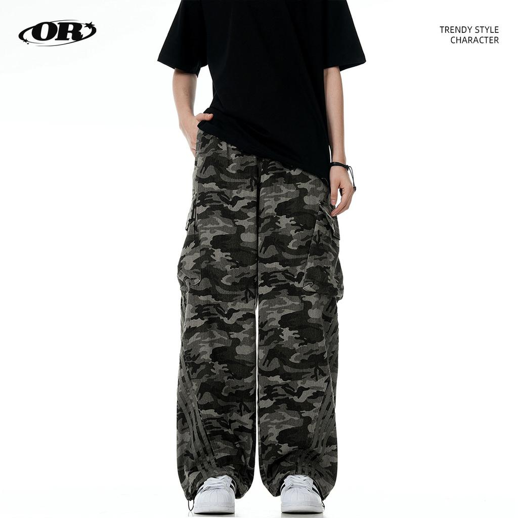 Мужские американские широкие камуфляжные рабочие брюки, ретро-модные брендовые свободные прямые камуфляжные брюки из чистого хлопка