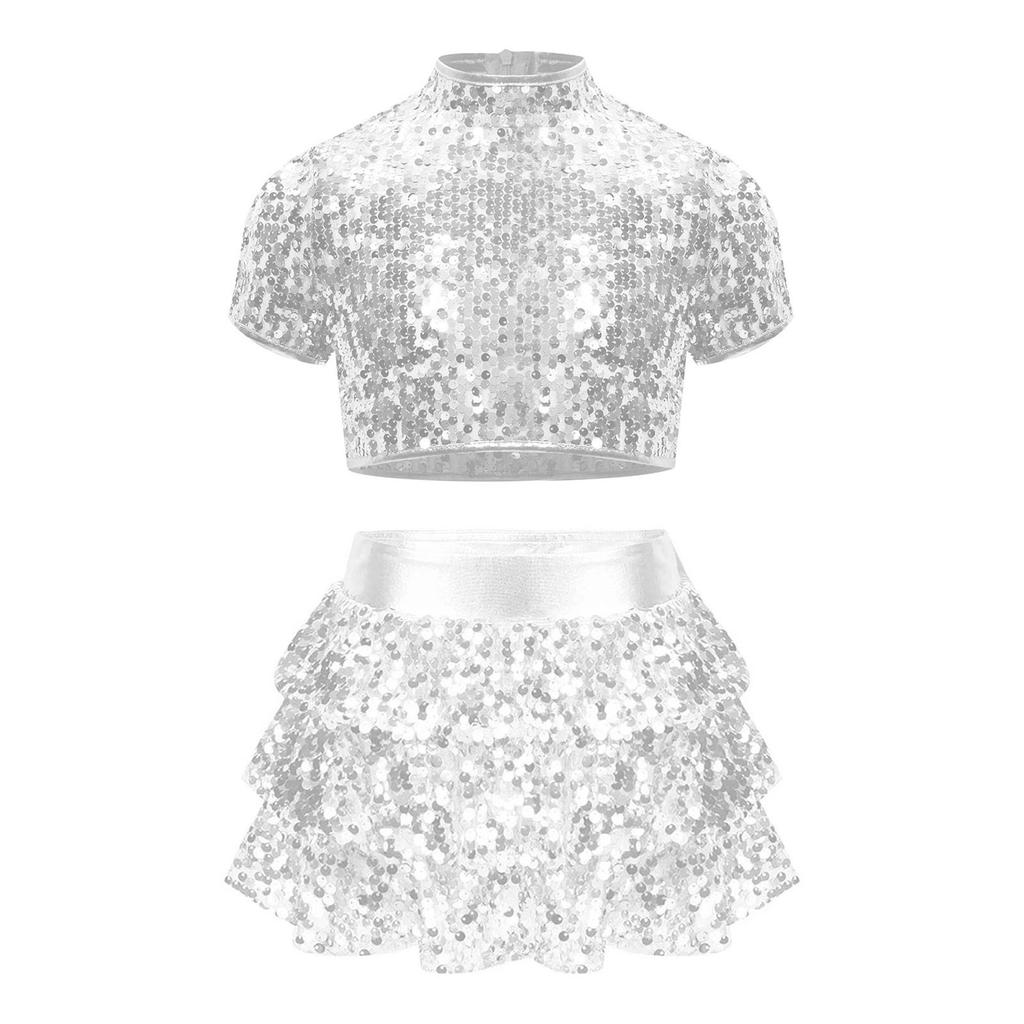 Костюм для чирлидинга для девочек, топ-кроп с коротким рукавом и воротником-стойкой, расшитый блестящими пайетками, шорты с многоярусной юбкой-рюшем