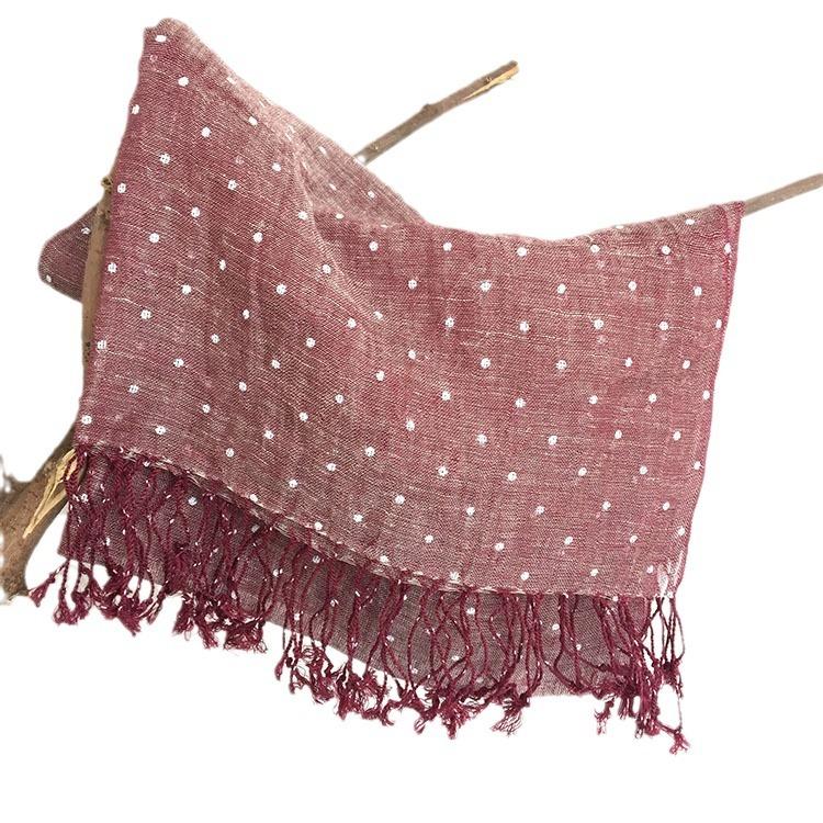 Navy Blue Printed Polka Dot Linen Scarf Thin Dual-Purpose Breathable Shawl Fashionable Versatile Silk Scarf Women