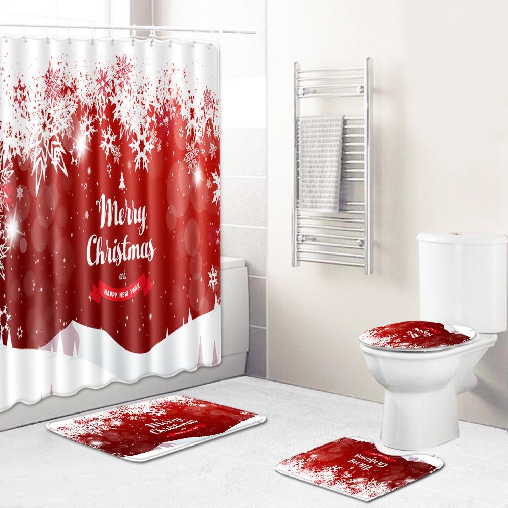 Christmas Bathroom Non-Slip Door Mat, Shower Curtain Floor Mat Combination Four-Piece Toilet Absorbent Carpet