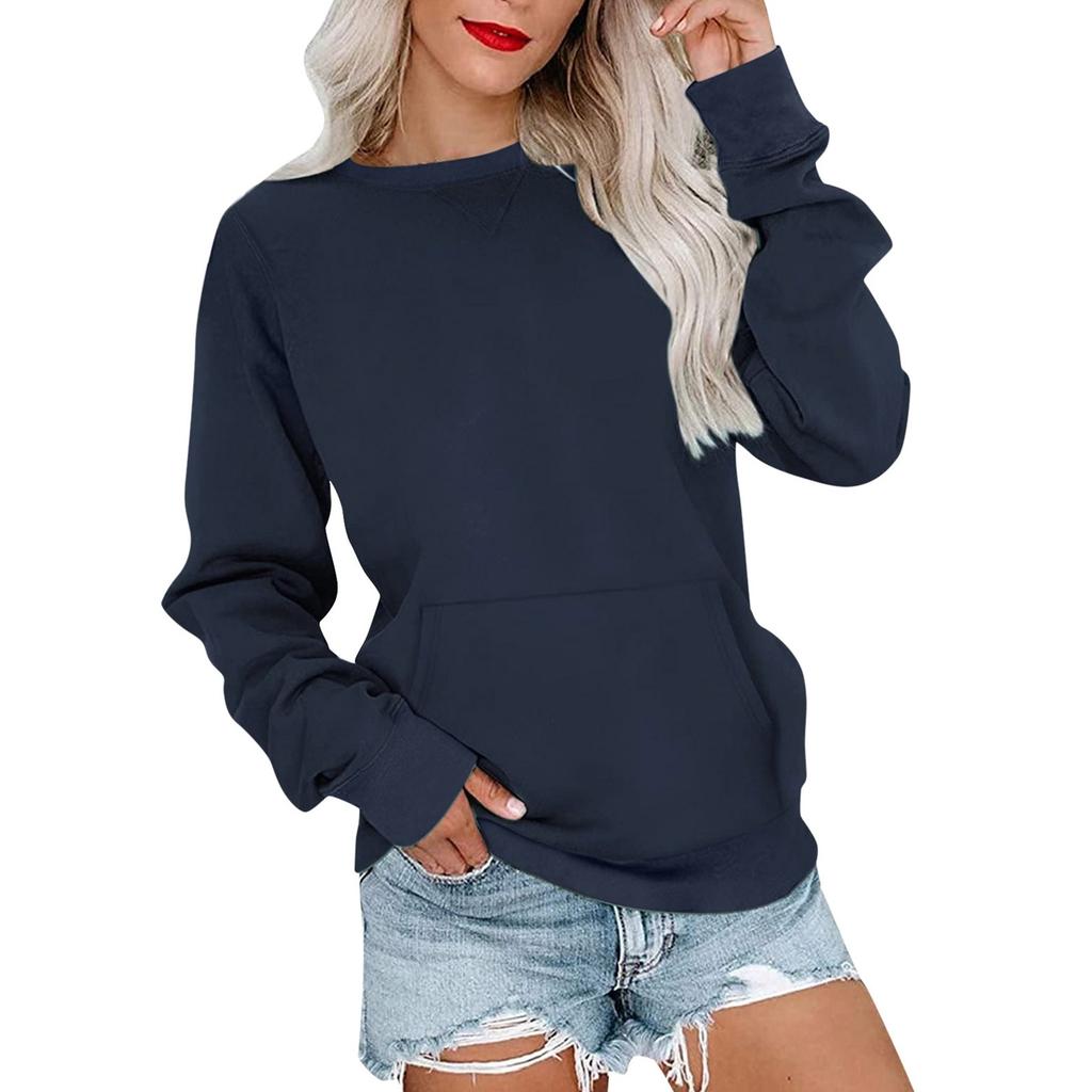 Women's Fashion Sweatshirt Round Neck Long Sleeve Solid Color Casual Loose Pullover Sweatshirt Sweater