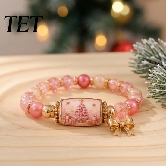 Women Christmas Bracelets Story Beaded Bracelet, Bracelet with Santa Reindeer Snowman House Candy Metal Pendant Cane Tree Pattern, Elastic Colorful